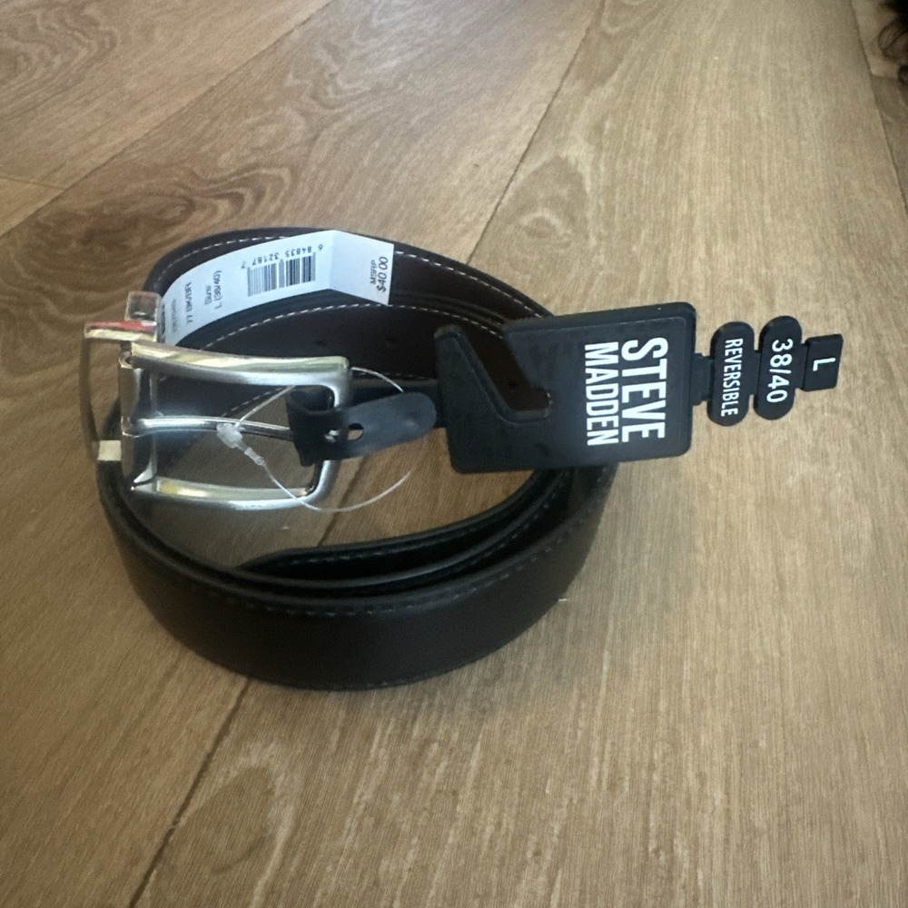 Steve Madden MEN'S Reversible BELT SIZE (L 38/40) Black/Dk Brown Silver Buckle